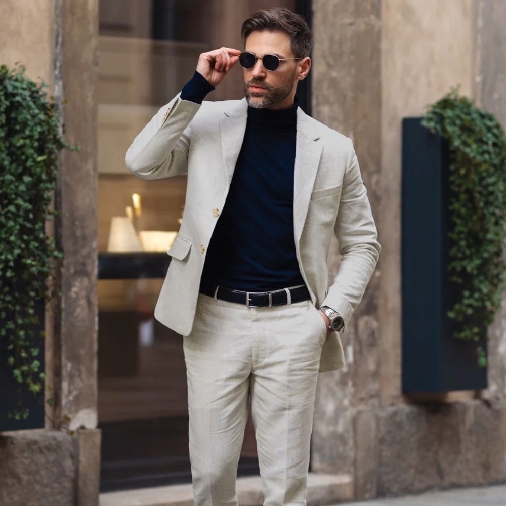 Slim Fit Tropical Beige Pure Linen Suit 40R Jacket 32/32 Pants | StudioSuits